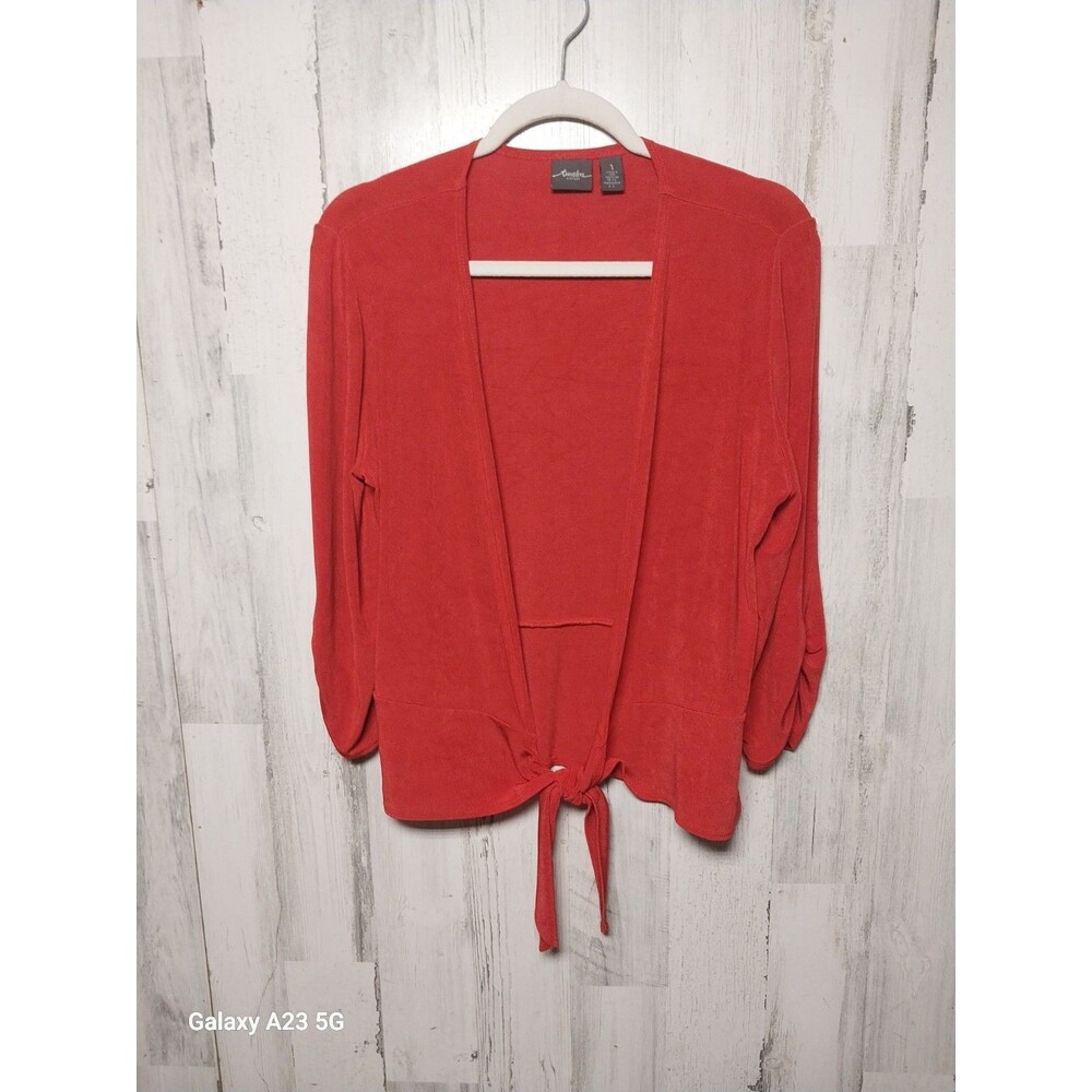 Chicos Travelers Womens Cardigan Sz Medium Solid Red 3/4 Sleeve Tie Front Slinky